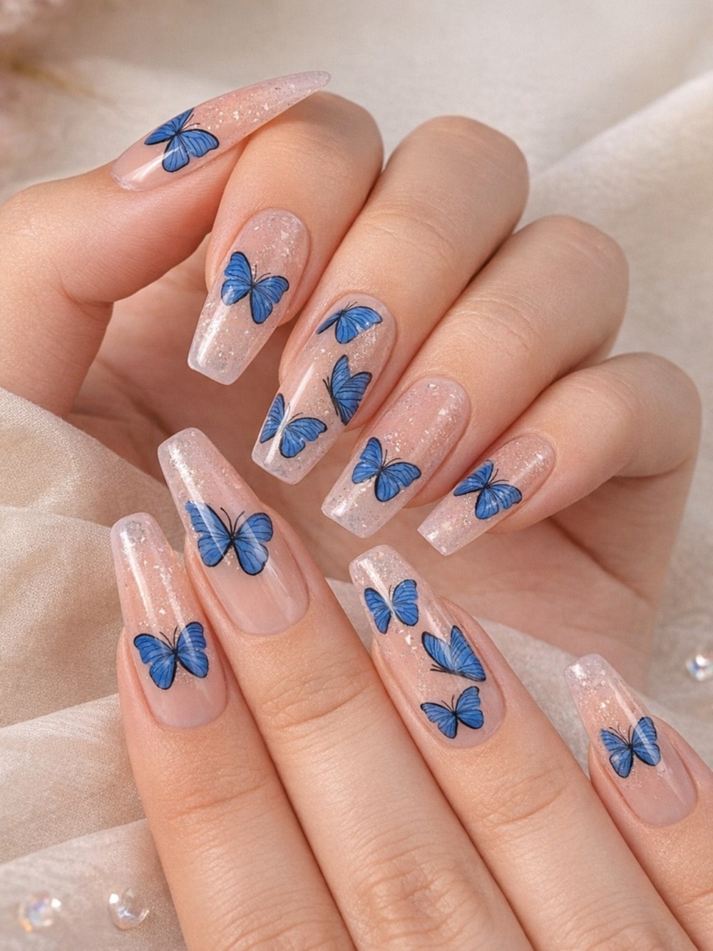 KISS Voguish Fantasy Press-On Nails – Pink Coffin w/ Blue Butterflies NIB